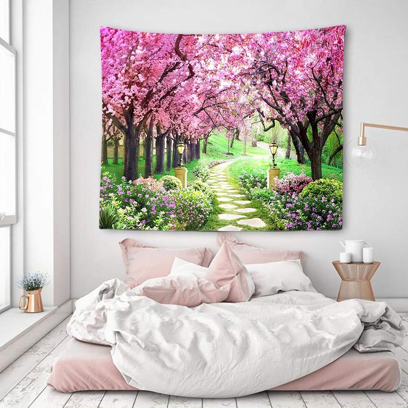 CHENGOR Tree Flower Tapestry Forest Path Red Cherry Blossom Wall