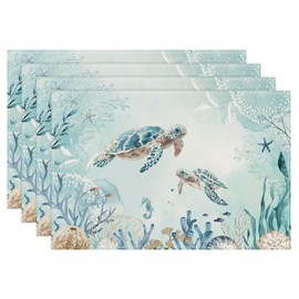 Bonhause Sea Turtle Placemats Set of 4, 12x18 Inch Teal Blue Ocean Seahorse Coastal Beach Starfish Seashell Summer Kitchen Dinning Table Mats Washable Place Mats for Indoor Outdoor Home Party Decor
