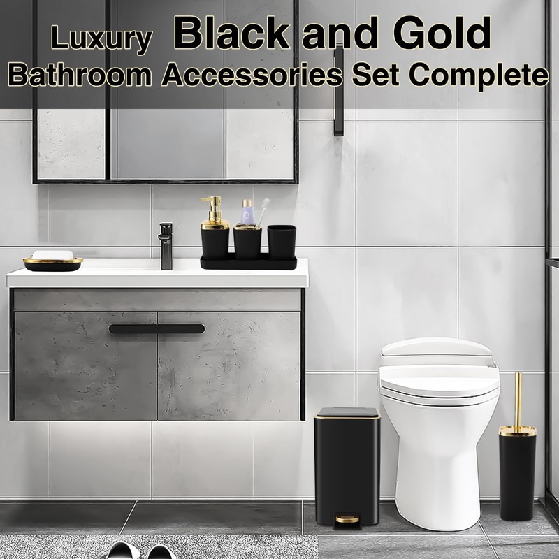 XLHOMO Black Bathroom Accessories 8 Piece Black and Gold Bathroom