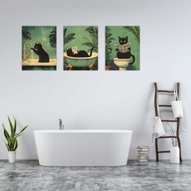 Qiukoo Set of 3 Framed Cat Bathroom Wall Art Pictures – Waterproof Canvas 12×16 in with Hooks, Durable Humorous Toilet Decor for Home & Bathroom, Funny Cat Toilet Art Prints for Indoor Use