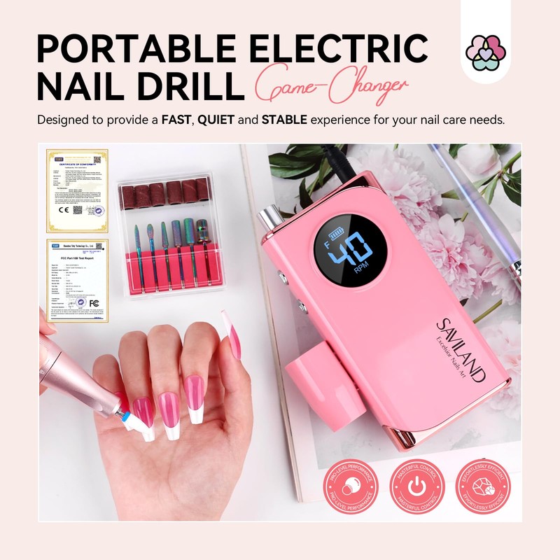 SAVILAND Electric Nail Drill Professional: 40000RPM Pink Rechargeable Electric Nail