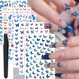 Butterfly Nail Art Stickers, Blue Purple Pink, 6 Sheets with Nail Tweezers, French Flower Butterfly Nail Charms Wing 3D Glitter Stickers for Nail Decoration