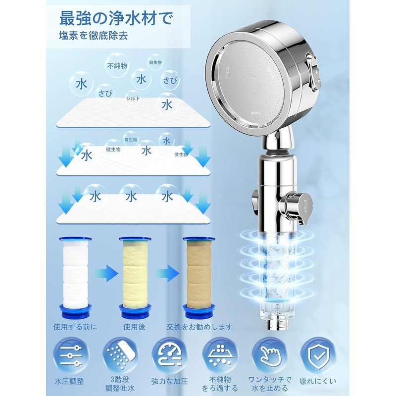 シャワーヘッド節水増圧80%高水圧浄水除塩素マイクロナノバブル止水ボタン3段階モード分解掃除高水圧低水圧シャワーヘッド360°水量調節水圧調節手元止水シャワーヘッドアダプター取り付け簡単国際共通規格 (LLL-002)