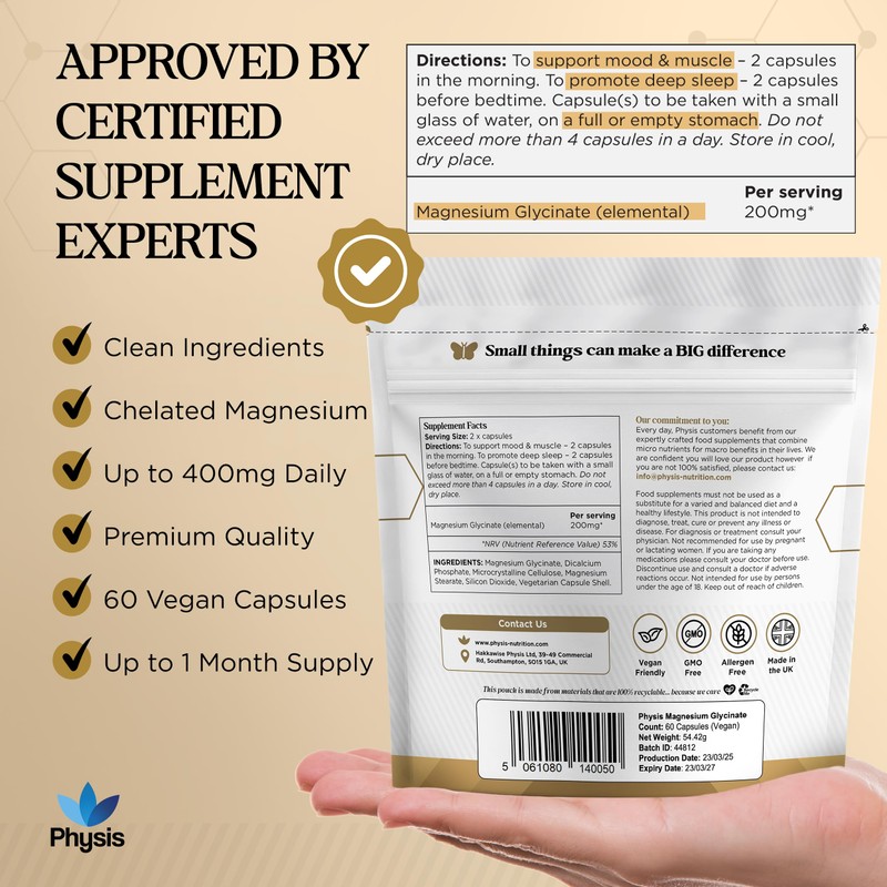 Physis Magnesium Glycinate 400mg Daily | High Absorption Vegan Capsules