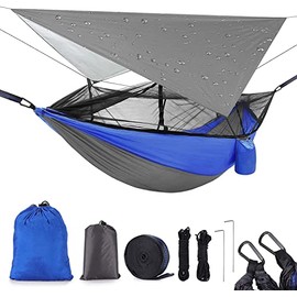 Camping Hammock with Mosquito Net & Rain Fly Tent Tarp & Tree Straps Portable Strong Nylon Hammock Parachute Tent w/ Storage Bag for Camping Hiking Backyard Outdoor Backpacking Travel (Blue)