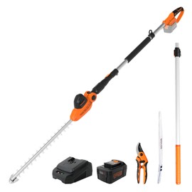 GARCARE Pole Hedge Trimmer Cordless with 20V 4.0Ah Li-Ion Battery & Quick Charger, 450mm Laser Cut Blade, Folding Saw & Pruning Shears Included
