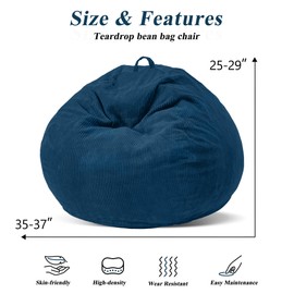 3FT Bean Bag Chairs Teardrop Bean Bag Chair for Adults Beanbag Chair with Memory Foam Filled Machine Washable Cover for Living Room, Bedroom