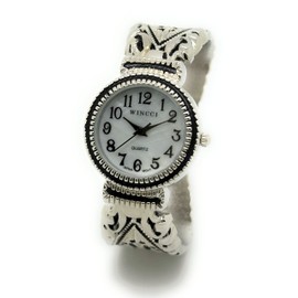 Wincci Ladies Elegant Western Concho Vintage Style Decorated Metal Bangle Cuff Fashion Analog Quartz Watch Mother of Pearl Dial Easy to Read Black Numbers Black Hour Minute Second Hands (Silver)
