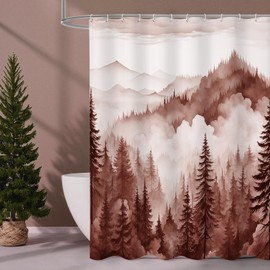 Litabel Burgundy Extra Long Misty Pine Forest Shower Curtain 72 x 84, XL Mountain Foggy Woodland Scenery Tree Shower Curtains for Bathroom, Abstract Waterproof Nature-Themed Decor