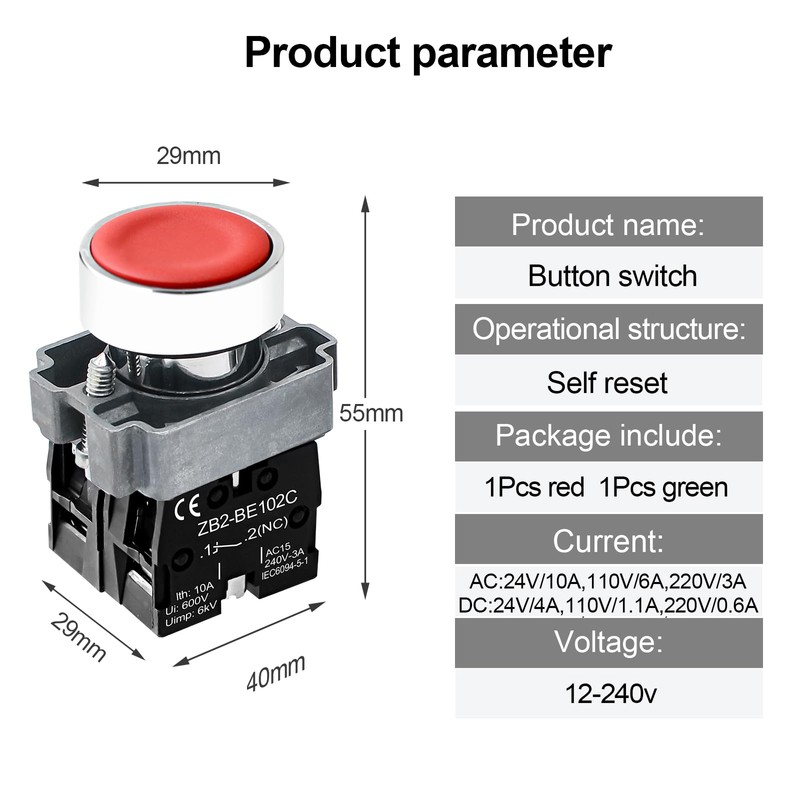 OELFFOW 2Pack Red & Green Metal Head Self-Reset Momentary Push