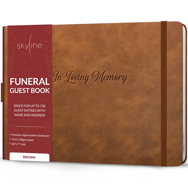 Skyline Funeral Guest Book for Memorial & Funeral Services – In Loving Memory Guest Sign In Book for Funerals – 738 Guest Entries with Name & Address, 129 Pages, Hardcover, 10x7″ (Brown)