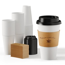 LITOPAK 100 Pack Paper Coffee Cups 16 oz, Disposable Coffee Cups with Lids and Kraft Sleeves, White Coffee Cups for Hot Drinks