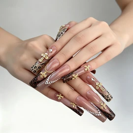 YINOX Hand-applied Nail Art | Leopard Print and Cross Designs | Luxurious 3D Embossed Designs | Salon-Quality Reusable Gel Nails | Square-Shaped Nails, 1.7 Inches Long (Long)
