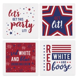 Patriotic Party Napkins / 48 Beverage Napkins / 4 American 4th Of July Designs / 4 3/4" x 4 3/4" Festive Red White And Blue 3 Ply Cocktail Napkin Set/Made In The USA