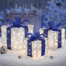 Quntis Set of 3 140 LED Christmas Gift Boxes, Christmas Decoration, Indoor Power Operated, Dark Blue Bow, Illuminated Boxes, Warm White, Light Decoration, Gift Packages for Christmas Tree, Windowsill,