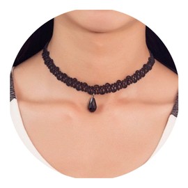 Andelaisi Boho Lace Clavicle Chain Necklace Vintage Lace Clavicle Chain Gothic Lace Choker Black Bead Pendant Choker Necklace Jewelry for Women and Girls