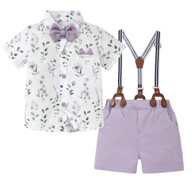 YUEMION Baby Boy Clothes Suits, Toddler Summer Formal Short Shirt+ Bowtie+ Suspender Shorts Gentleman Wedding Outfit(Purple + flowers, 12-18 Months)