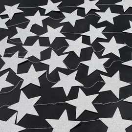 5Pcs Star Garland, 65 Feet Hanging Stars Decorations, Paper Glitter Star Garland Banner String Streamers for Birthday Baby Shower Christmas Party Wedding Holiday Decor, Glitter Silver