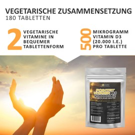 Vitamin D3 20,000 IU + Vitamin K2 MK7 200 mcg Depot (180 Tablets High Dose & Vegan) Vitamin D3 K2 Tablet High Dose I One Tab Every 20 Days