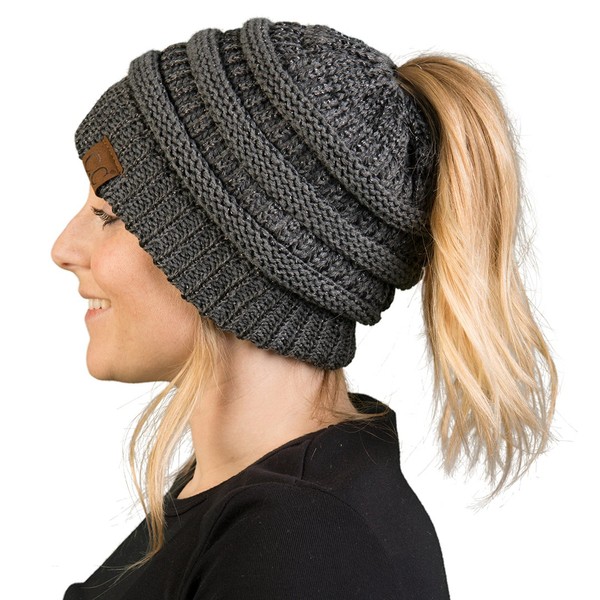 Messy Bun Womens Winter Knit Hat Beanie Tail - Grey (Metallic)