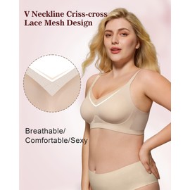 As Fairy Womens No Underwire Bras with Soft Support V Neck Lace Mesh Seamless Bralette Smooth Tshirt Everyday Bras (Nude,XL)