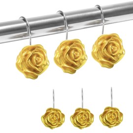 CandyGrid Gold Shower Curtain Hooks Rust Proof Stainless Steel, Rose Flower Shower Hooks for Shower Curtain, Shower Curtain Hooks Rings Decorative (12PCS)