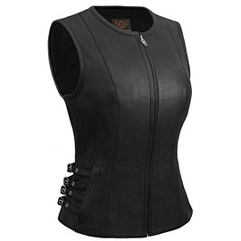 True Element Womens Side Buckled Zip Front Motorcycle Leather Vest (Black, Size S)