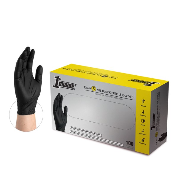 1st Choice 5 mil Disposable Gloves, Black Nitrile Exam Gloves, XL, Box of 100 Gloves, Disposable, Latex Free, Chemo Safe