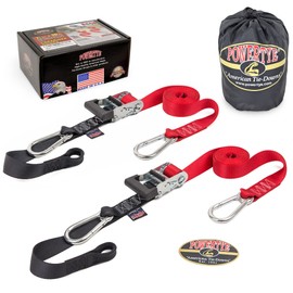 PowerTye - Made in USA - Extra Long Ratchet Tie Down Straps, Heavy Duty with Carabiner Hooks, Soft-Tye & Bag, for Motorcycle, ATV & Cargo, 1,000 lb WLL, 1.5 inch x 10ft Long, Red/Black (Pair)