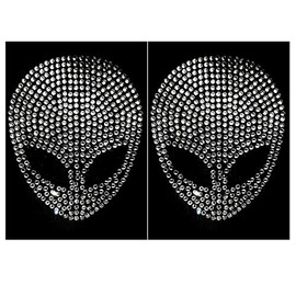 2 pcs Bling Alien Silver Rhinestone Iron On 3" Height Xenomorph Hotfix Transfer DIY Decal Emblem Patch Applique