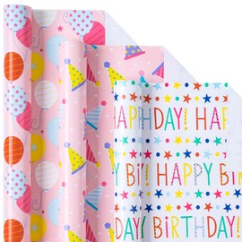 LeZakaa Birthday Wrapping Paper Roll - Mini Roll - Ice Cream/Ballon/ “Happy Birthday Lettering for Gift Wrap, DIY Craft - 17 x 120 inches - 3 Rolls (42.5 sq.ft.ttl.)