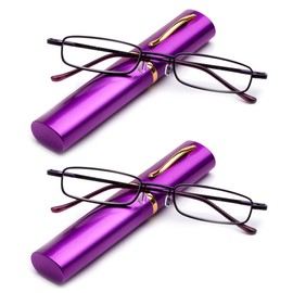 2 Packs Pocket Readers Ultra Slim Compact Tube Reading Glasses in Purple +1.00