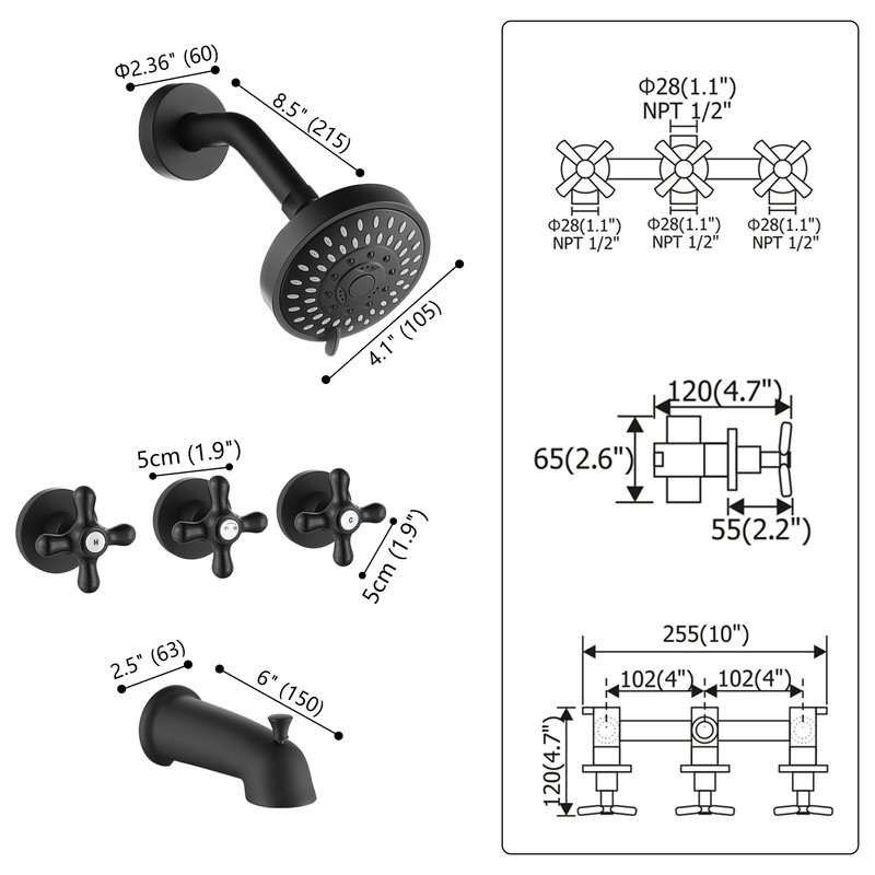 BEIYI 3 Handle Shower Faucet Set with Tub Spout Matte