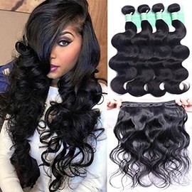 ANNELBEL Brazilian Hair 4 Bundles Body Wave 8A Virgin Unprocessed Human Hair Bundles Remy Human Hair Extensions Weave - Wavy Hair, Double Weft, Natural Black, (10", 50g)/Bundle
