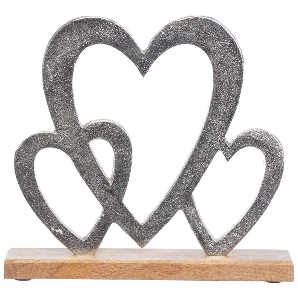 Brandsseller Decorative Stand Hearts Aluminium Approx. 23 x 21 cm on Mango Wood Base