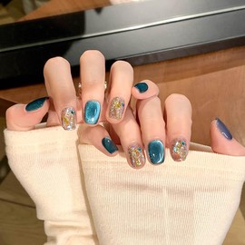 RikView Square Press on Nails Short Fake Nails Blue Nails with Cat Eye Finish Glossy Full Cover Nails for Women 15 Sizes - 30 PCs/Set