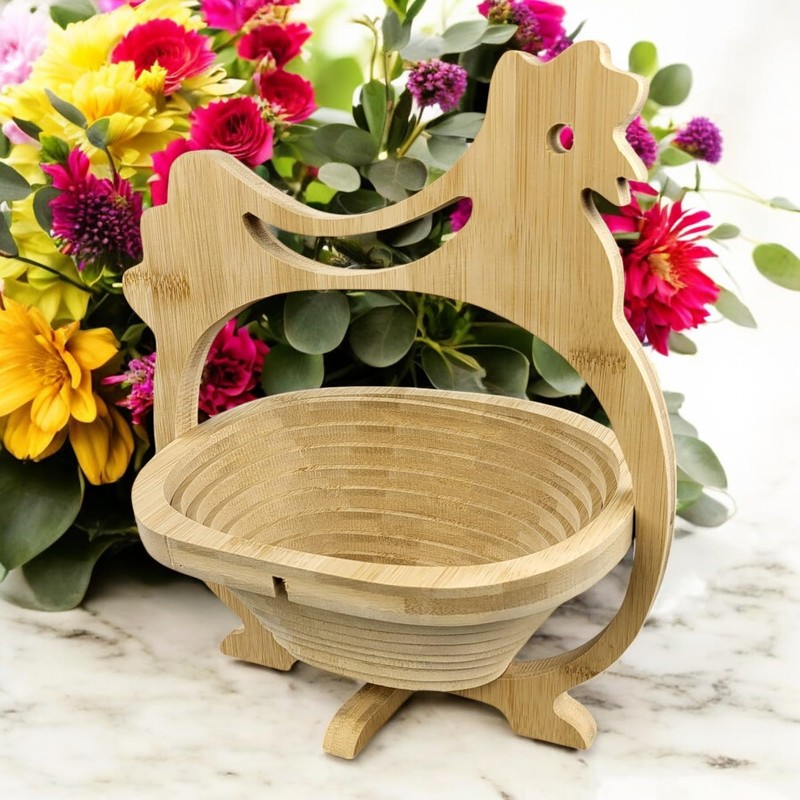 GMMH Foldable Basket Bamboo Decorative Bowl, Fruit Bowl, Wood Chicken