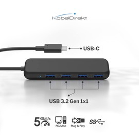 KabelDirekt USB Hub & Adapter, USB-C Male 4 USB 3.0 Ports (Slim Design, More Ports to PC/Notebook/Tablet/Smartphone, Macbook Compatible, USB SuperSpeed with 5 Gbps, Black)