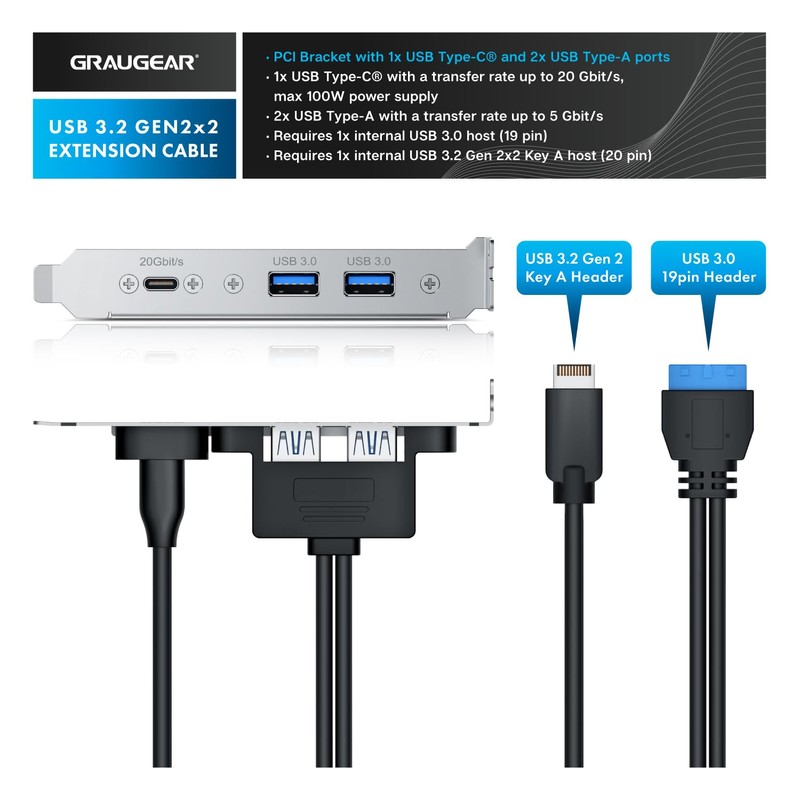 GRAUGEAR 20Gbps USB3.2 Gen2x2 USB-C Front Panel Adapter, Motherboard Header