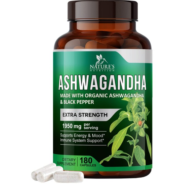 Organic Ashwagandha 1950 mg - 180 Vegan Capsules Pure Organic Ashwagandha Powder & Root Extract - Nature's Extra Strength Stress Support Plus Thyroid Support Supplement - Gluten Free, Non-GMO