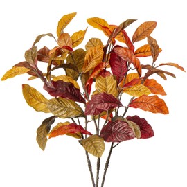 3 pcs Artificial Magnolia Leaves, Fake Magnolia Leaf Branches for Autumn Decorations, Faux Magnolia Bundles with Long Stems for Thanksgiving, Festival, Wedding, Maple Leaves Home Decor, DIY, Party