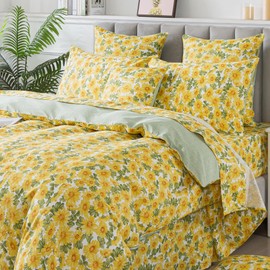 FADFAY Juego de funda de edredón con diseño de girasol tamaño individual Vintage Amarillo Margarita Floral Juego de cama Shabby Botánico 100% Algodón Percal Ultra Suave Funda de edredón con cremallera