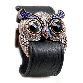 Accents Kingdom Crystal Owl Leather Cuff Bracelet with Simulated Sapphire Color Crystal