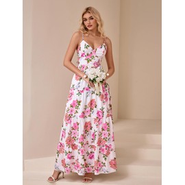 HTZMO Women Casual Summer Floral Maxi Sundress V Neck Spaghetti Strap Bow Tie Backless Flowy Boho Beach Long Dress 2025 Pinkprint XL