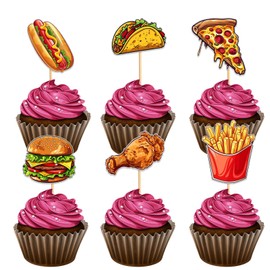 Y-Cp Hamburger Hot Dog French Fries Cupcake Topper for Delicious Fried Food Theme Party Favors Decorations Men Women Kids Happy Birthday Party Decor Supplies set 18pcs Gold Glitter