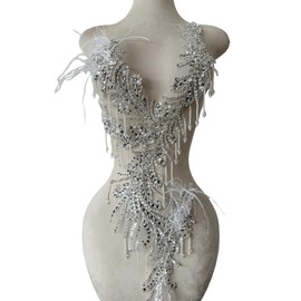 Jpumley.pksn Pure Handmade Rhinestones Beads Applique sew on Crystal Sequins lace Trim Patches Ostrich Feather Accessories for Dress Clothing Shiny Bead Decorative Material 15X9X30inches (Silver)