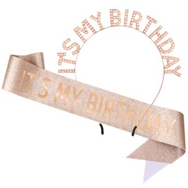 MystiCharm Birthday Sash Crown for Girls Women Fairy Queen Princess Tiara Crown White Rhinestone Headband Glitter Rose Gold Girl Sash Happy Birthday Party Set Decorations Accessories Gifts for Her