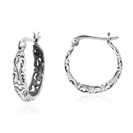 AeraVida Bohemian Vintage Inspired Swirls V-Lock Bali Hoop .925 Sterling Silver Earrings | Elegant and Artistic Women's Jewelry Accessory