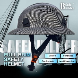 SAFEBUILDER Full Brim Hard Hats Construction Hardhats Safety Helmet Vented Adjustable Lightweight Sunshade Work Caps Industrial Head Protection ANSI Approved (WB-1-N-Matte CG Black)