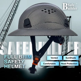 SAFEBUILDER Full Brim Hard Hats Construction Hardhats Safety Helmet Vented Adjustable Lightweight Sunshade Work Caps Industrial Head Protection ANSI Approved (WB-1-N-Matte CG Black)